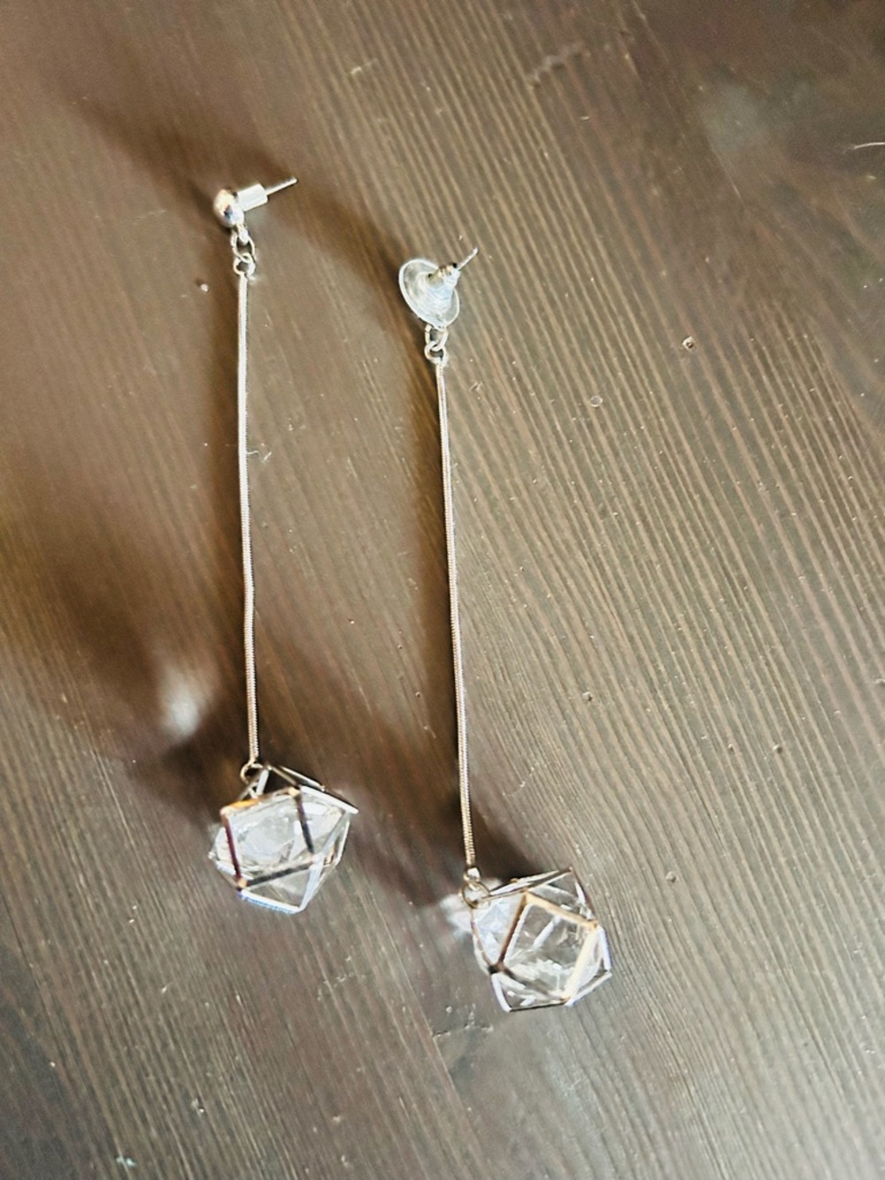 Silver Long Drop Earrings with Clear Crystal Cage Spheres